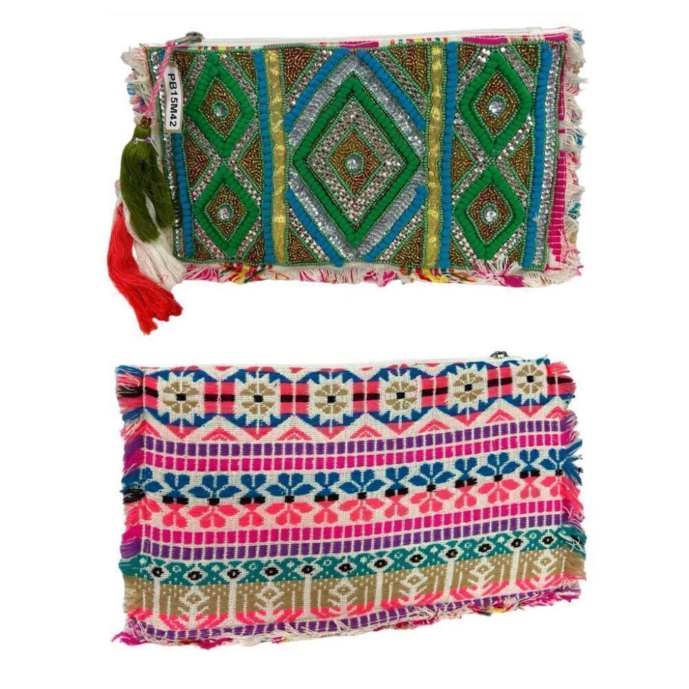 NEW Peyote Bird Zip Boho Clutch Embroidered & Beaded with Tasels 12 x 8